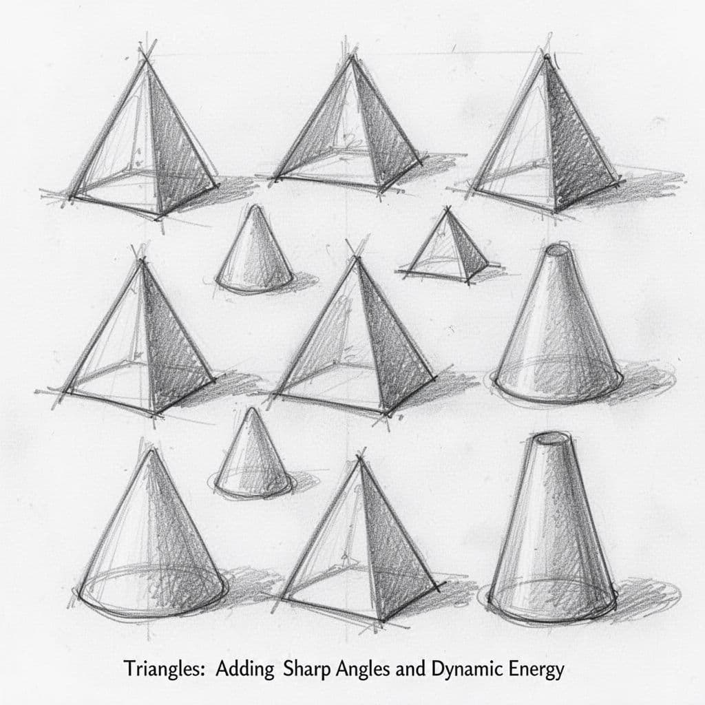 Hand-drawn graphite sketches of triangles with varying bases and sharp tips, some shaded to depict 3D cones or pyramids on clean white paper.