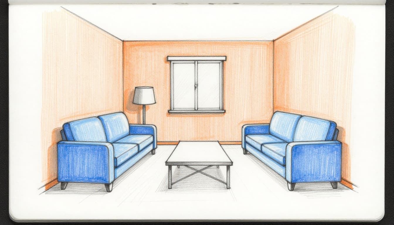 Graphite linework sketch with light shading on white paper depicts a simple room interior balancing warm orange wall accents and cool blue furniture, including one sofa and one lamp.