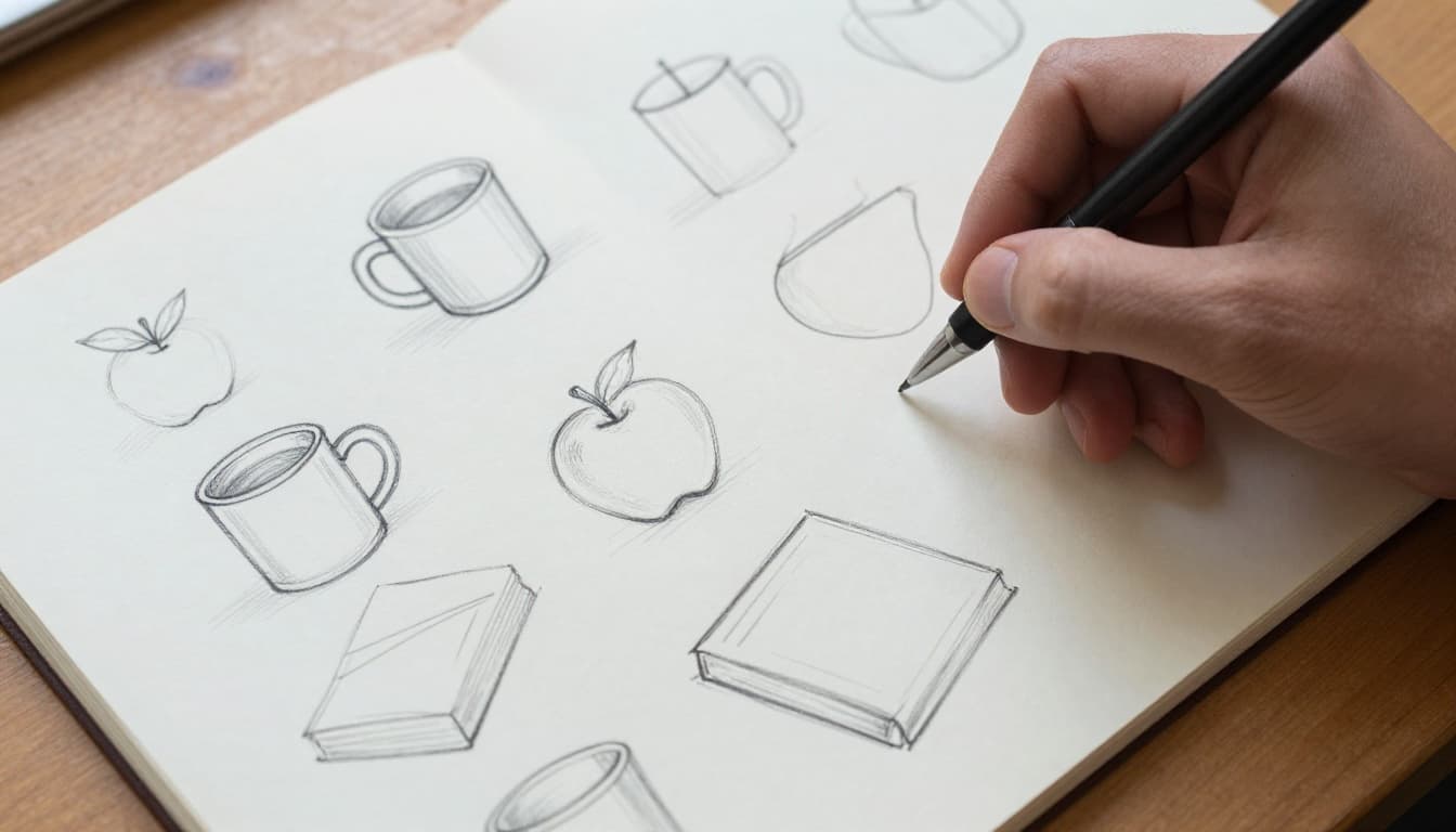 Close-up of a single relaxed hand with pen drawing basic shapes and lines of everyday objects like a mug, apple, and book on sketchbook paper, wooden desk, soft natural light, focus on simple line work.