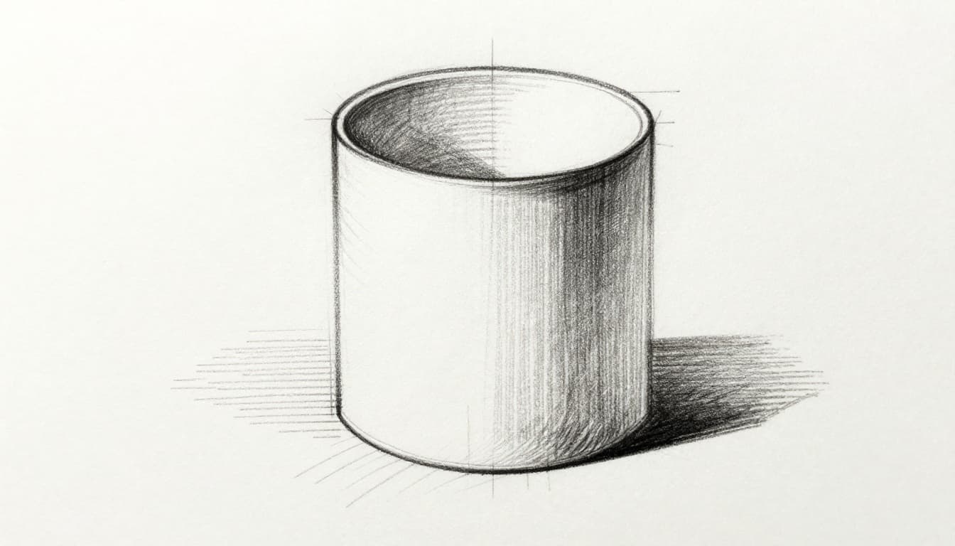 Hand-drawn graphite sketch demonstrating hatching technique on a cylinder with angled light from the left, using parallel lines denser on the right for a smooth shadow gradient on clean white paper.