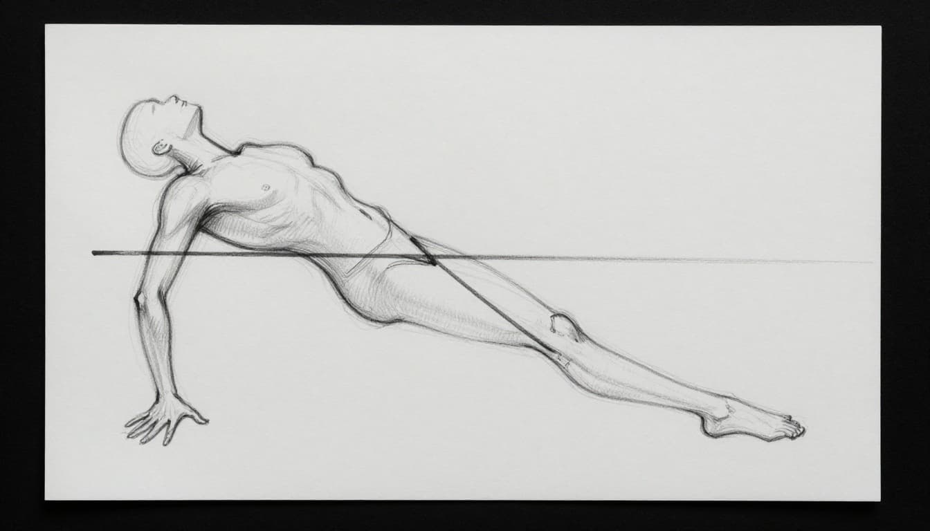 Hand-drawn graphite sketch of a single figure in a leaning pose, illustrating the curved line of action guiding the spine through torso and limbs, with subtle shading on light gray paper and varied line thickness.