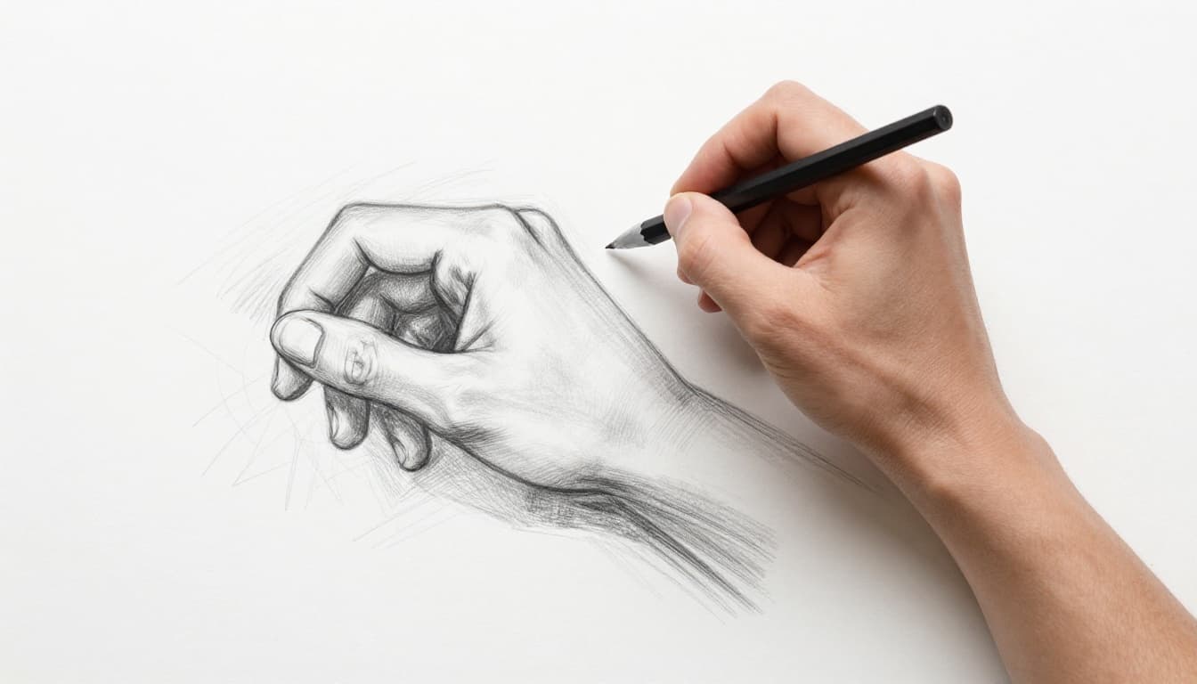 Top-down view of an artist's hand loosely holding a pencil near the end, performing a shoulder-driven loose stroke motion over a sketchpad filled with scribbles, in hand-drawn graphite style with light shading on a clean white background.