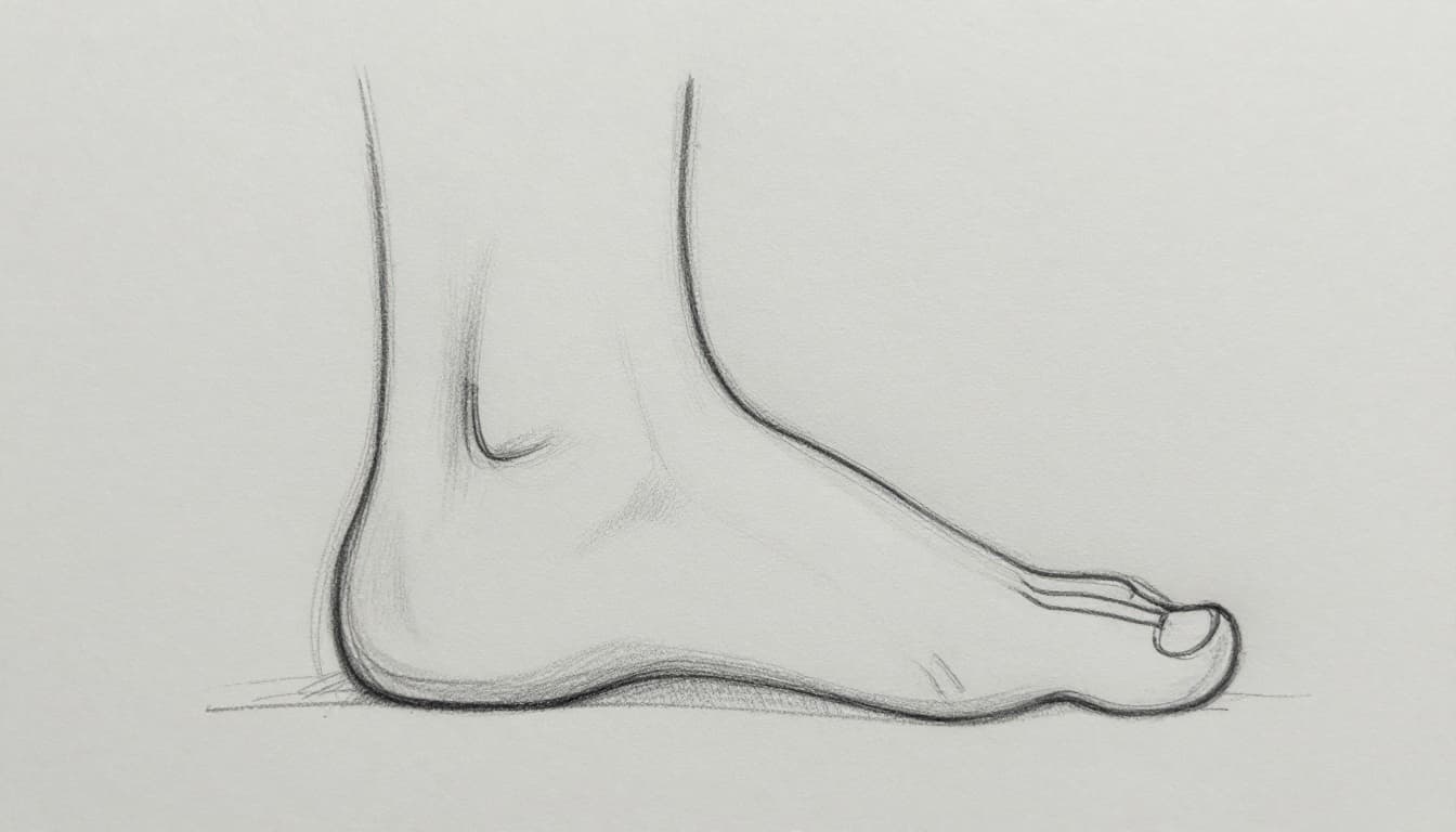 Graphite sketch on light gray paper of a modified contour drawing of a person's foot, using continuous line with minimal glances, showing wobbles but improved proportions, simple linework and light shading.