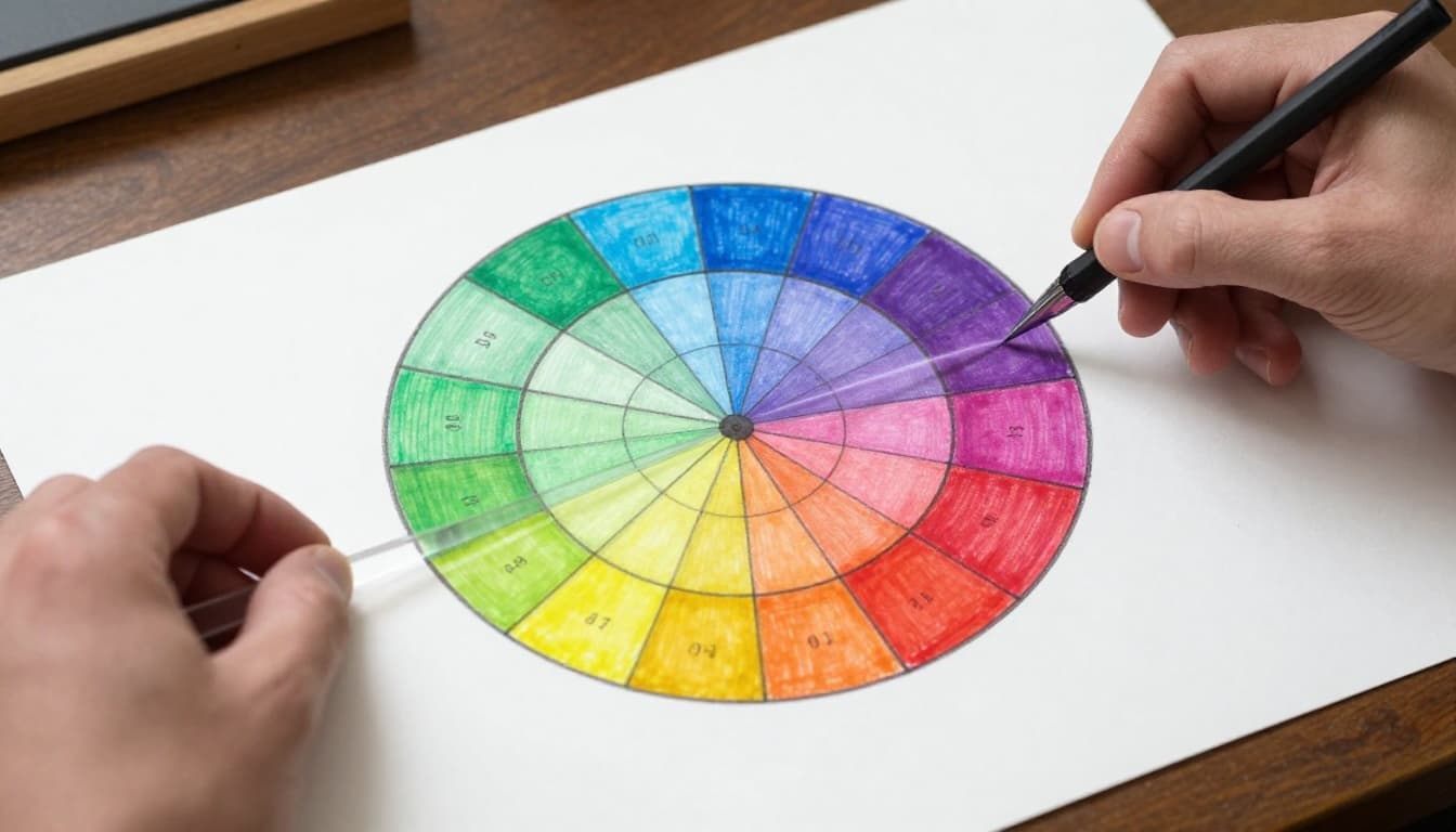 Sir Isaac Newton in a simple lab holds a prism dispersing white light into a spectrum bent into an early circular color wheel on a table. Hand-drawn graphite sketch style with grayscale tones on clean white background.