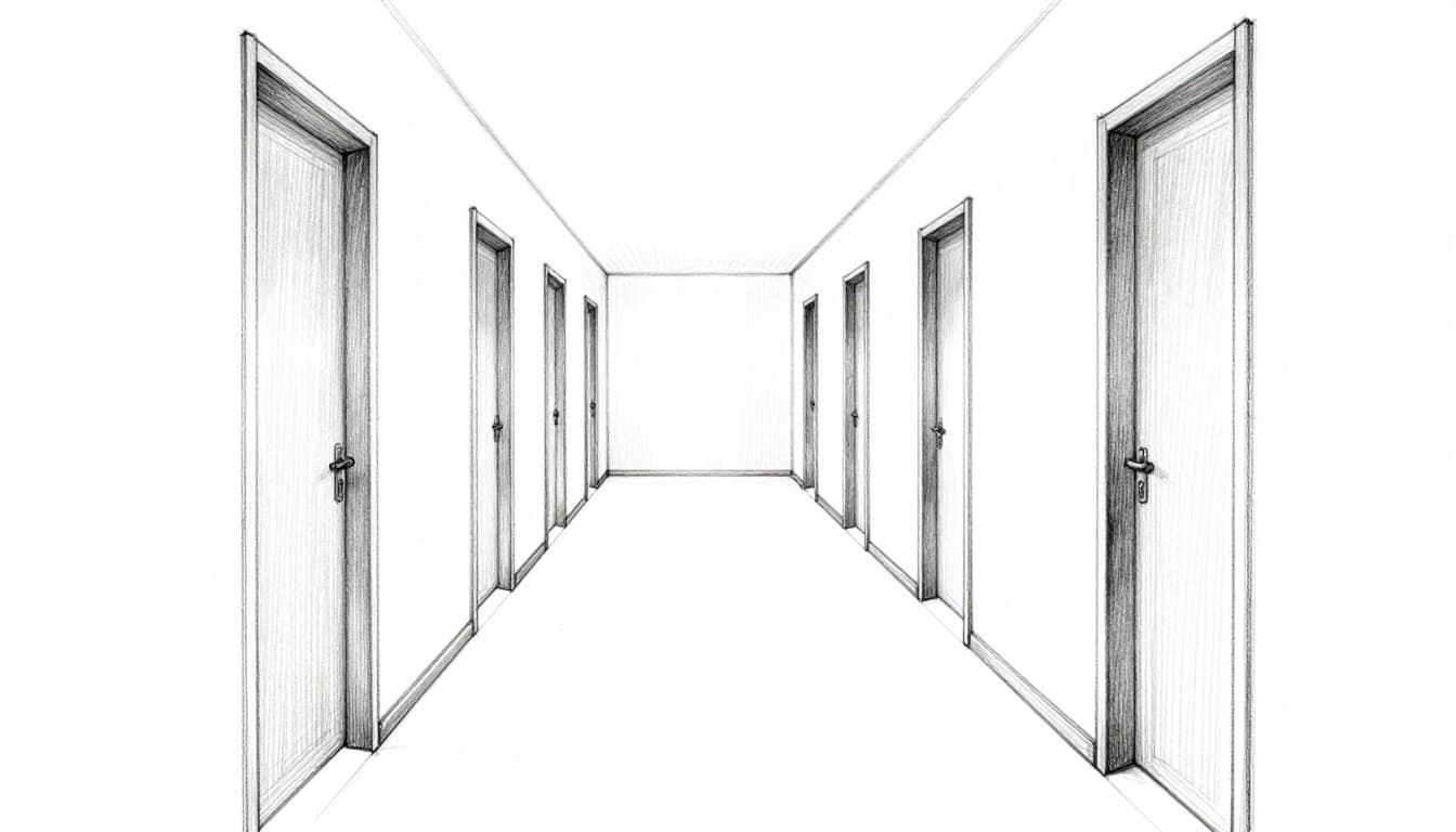 Hand-drawn graphite sketch of a hallway interior in one-point perspective on clean white paper, with walls, floor, ceiling, doors, and windows converging to a central vanishing point.