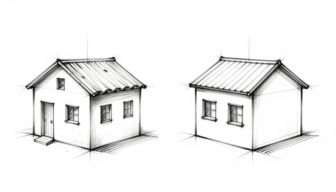 Hand-drawn side-by-side comparison in sketch style: left shows beginner mistake with twisted building lines not converging; right shows correct one-point perspective with lines meeting at vanishing point on horizon, straight verticals, simple boxy house with door and window.
