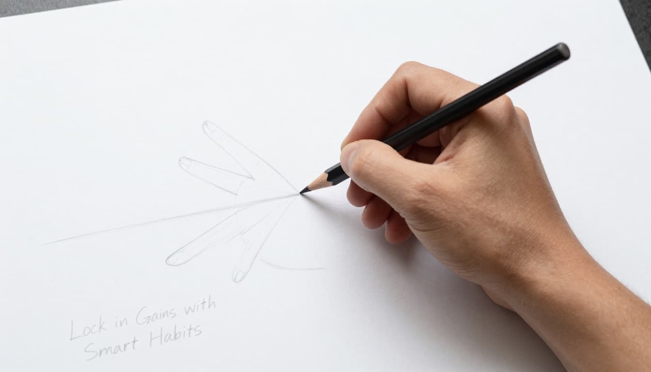 Side-angle hand-drawn sketch of a hand holding a pencil loosely near the eraser end in overhand grip, pivoting from the shoulder for broad strokes on large paper, graphite linework with light shading on clean light gray background.