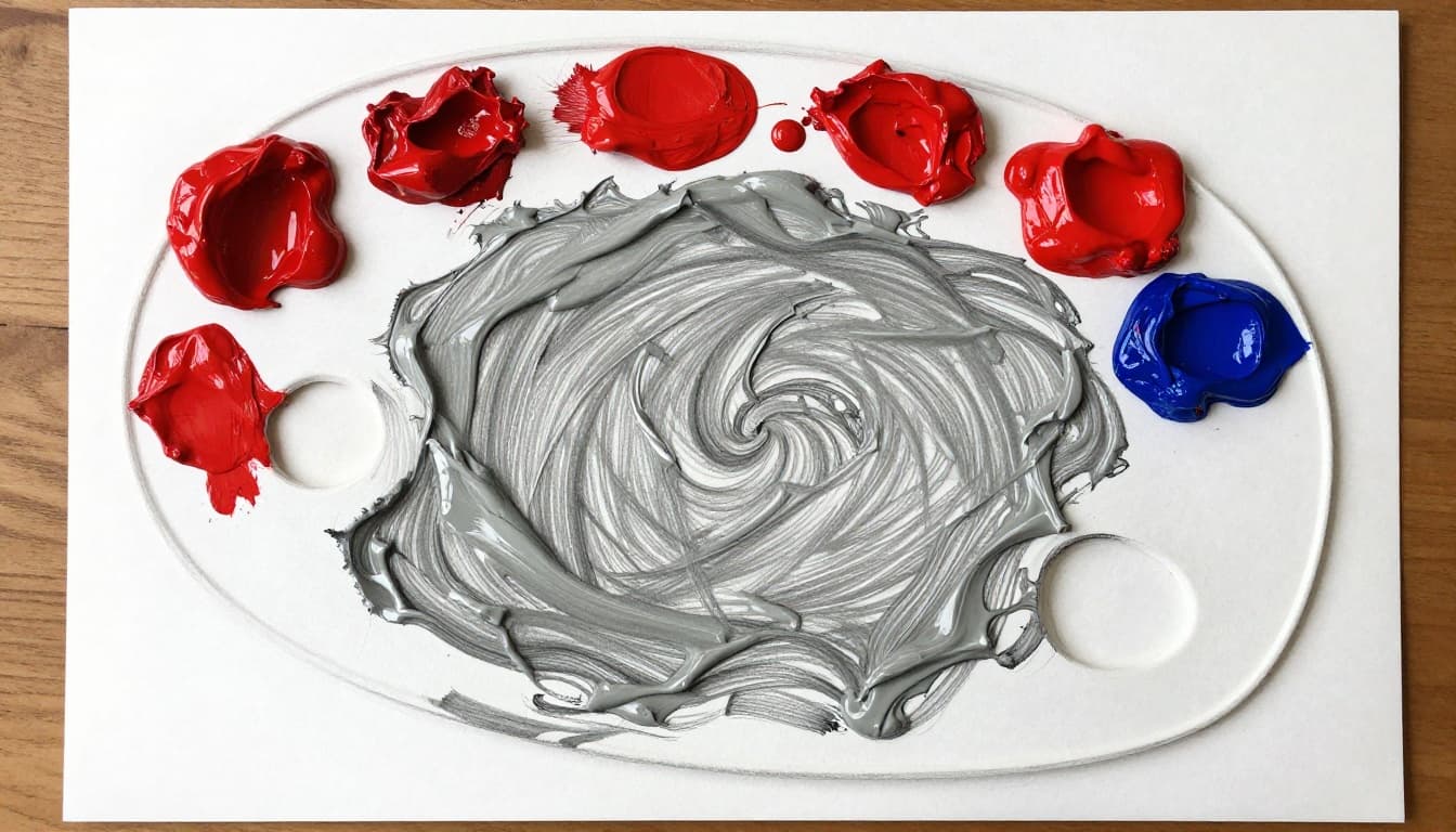 Hand-drawn graphite sketch of an artist's palette on a wooden table, featuring separate red, yellow, and blue paints overmixed into a central gray mud swirl. Close-up composition with light shading, thin linework, and clean white paper background.