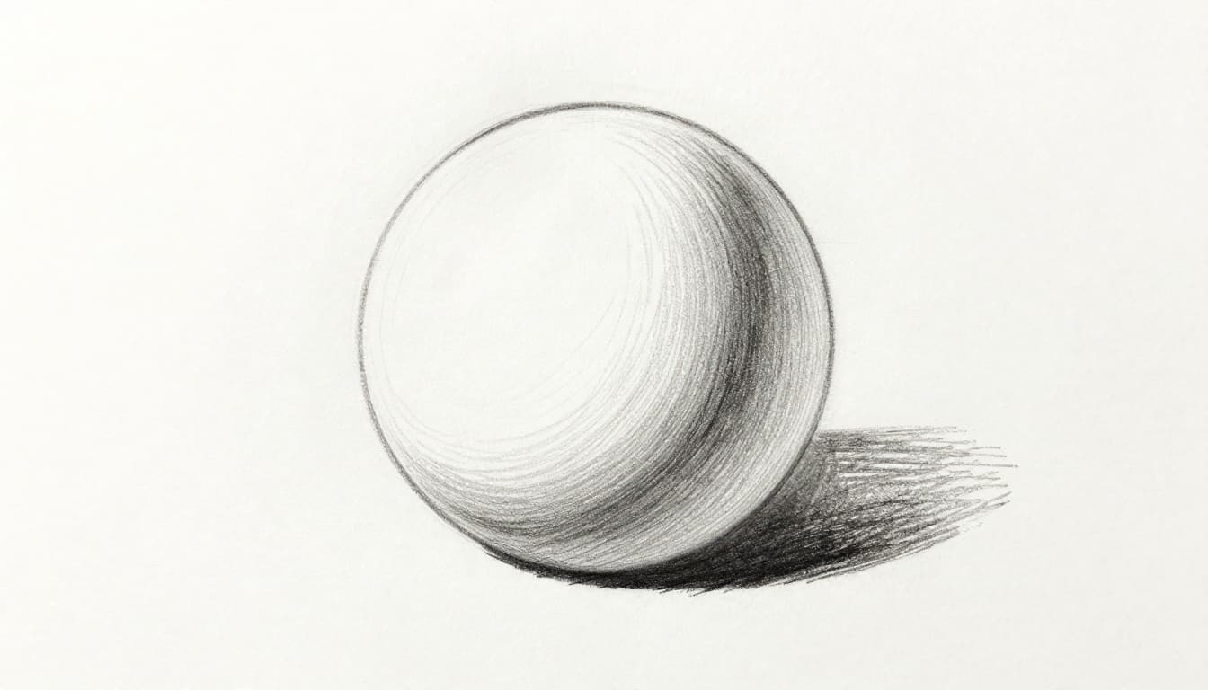 Hand-drawn graphite sketch of a simple sphere using parallel hatching for shading, with light from top left creating shadows on right and bottom; sparse lines on lit areas transition to dense lines in shadows on clean white paper.