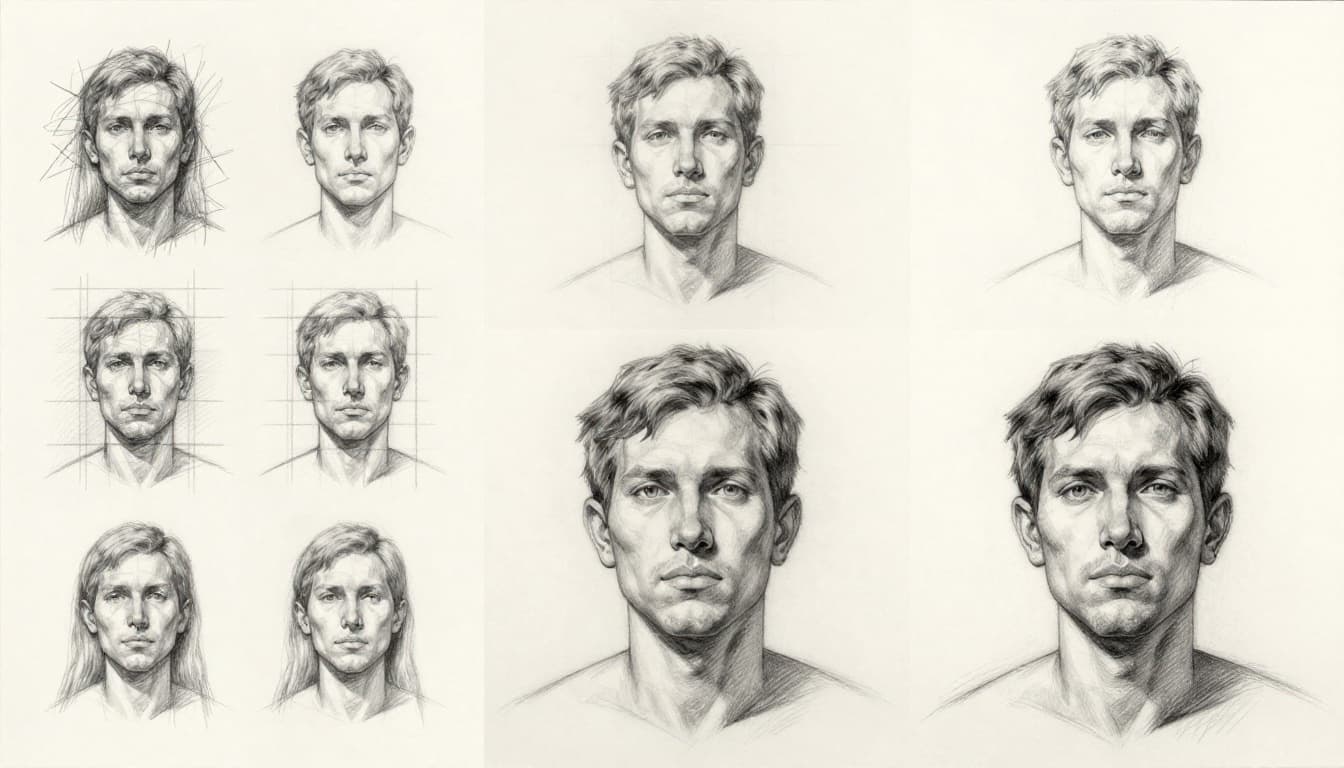 Photorealistic 3x3 grid of pencil portrait sketches progressing from beginner messy lines to intermediate proportions and shading, to advanced detailed anatomy, hair, expression, and folds on a drawing board.