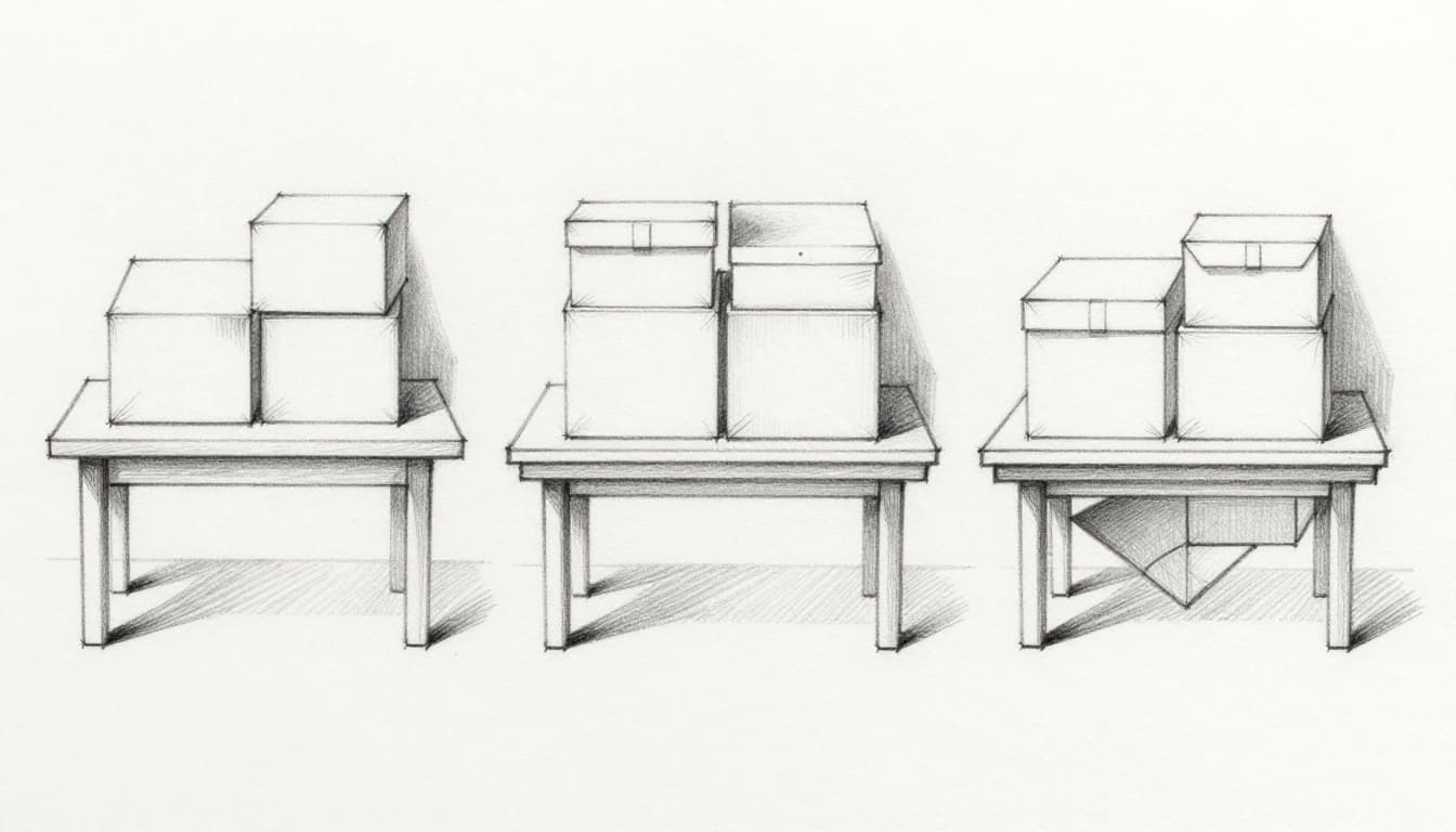 Three side-by-side hand-drawn graphite sketches on white paper: bird's-eye high horizon, normal eye-level middle horizon, and worm's-eye low horizon views of boxes and table, demonstrating perspective effects.