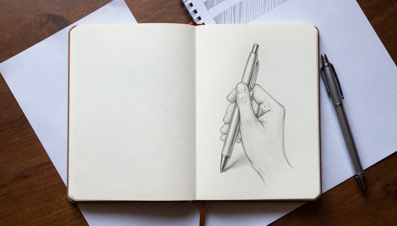 Top-down hand-drawn sketch of a simple desk setup with an open pocket sketchbook, ballpoint pen, pencil, grid paper, and scrap paper featuring hatching lines, illuminated by natural indoor light on clean white paper.