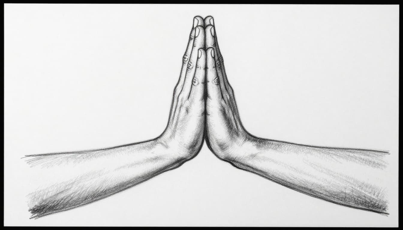 Hand-drawn graphite sketch of exactly two hands performing a prayer stretch, palms pressed together at chest level lowering toward the waist with fingers aligned, on a clean white paper background with light shading.