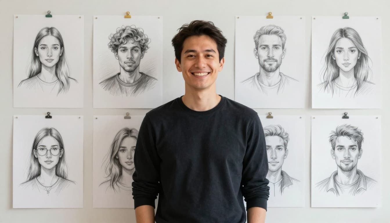 Inspirational artist stands proudly in a simple room with a smile of accomplishment, portfolio of improved drawings and before-and-after sketches pinned to the wall behind. Hand-drawn graphite sketch style with light shading on clean light gray paper background.