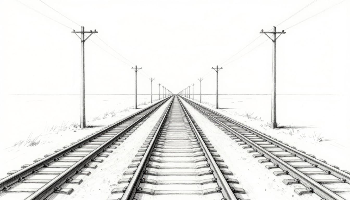 Hand-drawn graphite sketch of railroad tracks converging at a vanishing point on the horizon, lined with diminishing telephone poles in an open field under a clear sky.