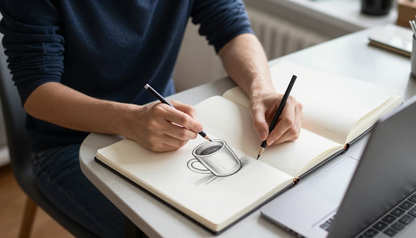 A person with relaxed posture sits at a kitchen table, sketching a simple coffee mug in a sketchbook using pencil, illuminated by soft morning light from the window.