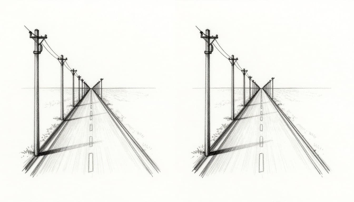Hand-drawn sketch in graphite linework showing side-by-side comparison: left incorrect road with uniform-sized, evenly spaced telephone poles; right correct perspective with poles shrinking smaller and spaced closer toward vanishing point on receding straight road.