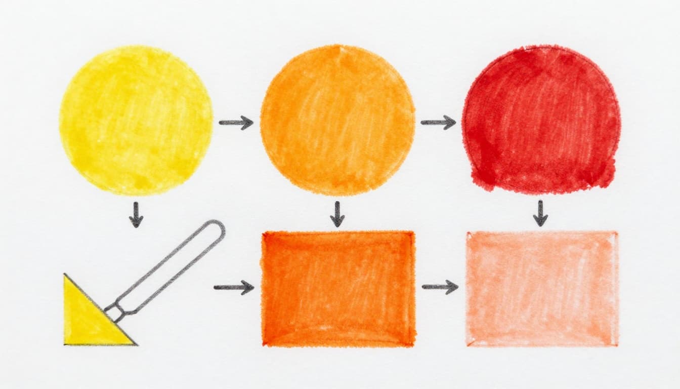 Hand-drawn graphite sketch of a simple color mixing chart showing warm yellow and warm red swatches connected by lines to a clean orange result, mixed with a palette knife on white paper.