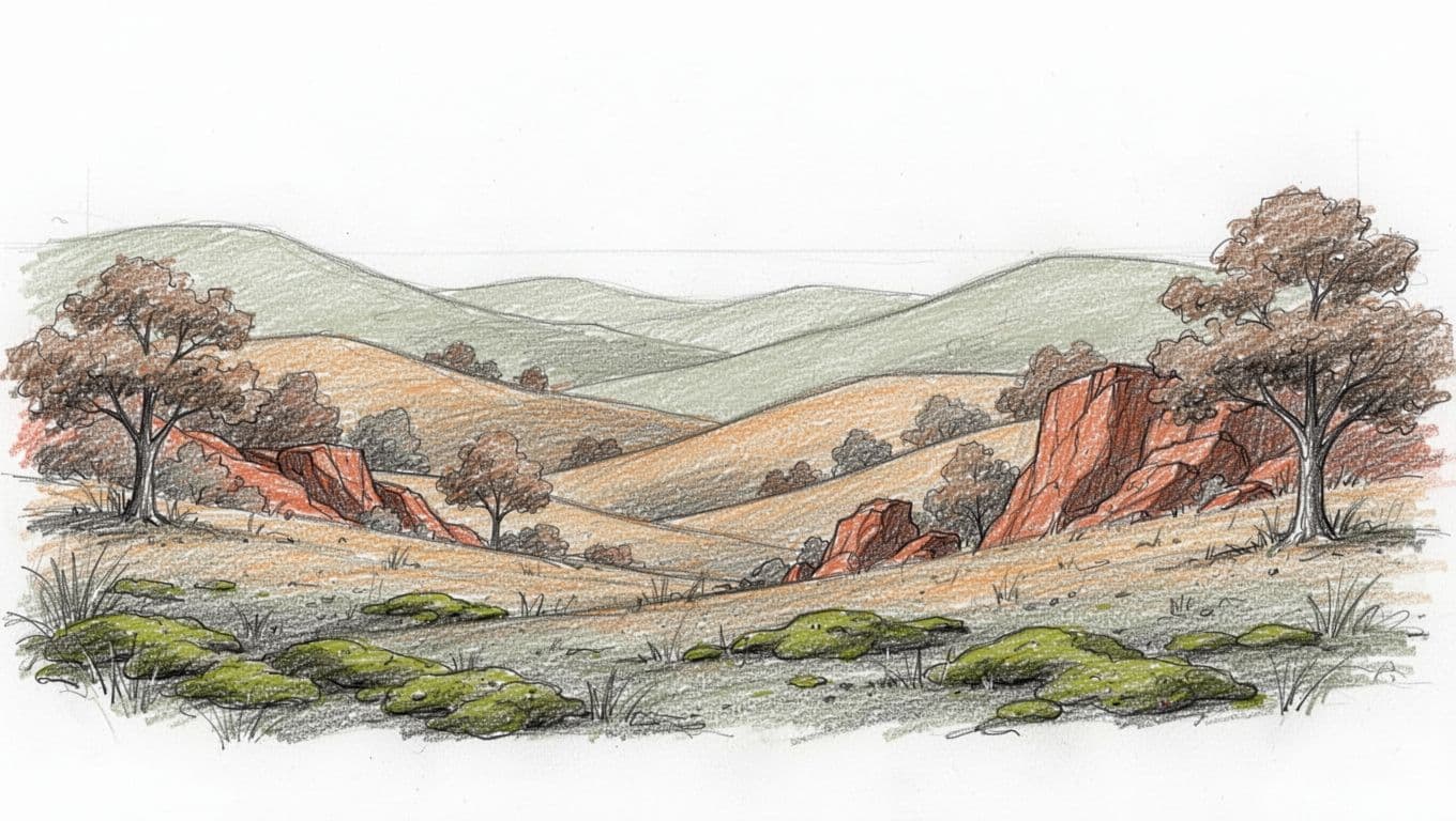 Hand-drawn graphite pencil sketch of serene rolling hills in sage and ochre tones, with clay red rock outcrops, mossy foreground patches, and cocoa shaded trees, using thin linework and subtle shading for depth on a clean white background.