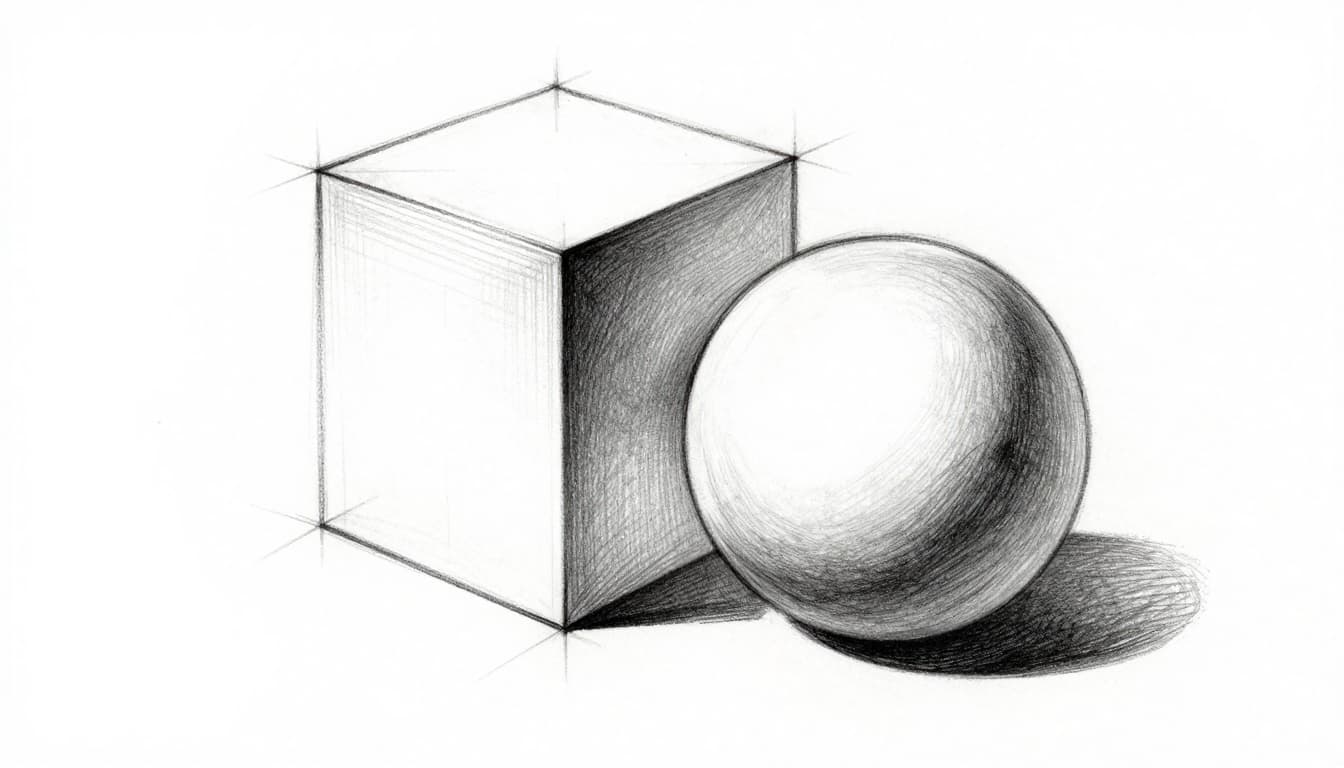 Close-up graphite sketch of shaded 3D cube and sphere side by side, featuring light-to-dark gradients, top-left light source, and finger-smudged blending on white paper.