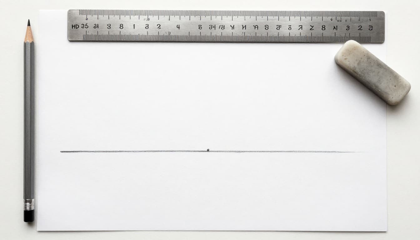 Hand-drawn graphite pencil sketch of essential drawing supplies—HB pencil, straight ruler, kneaded eraser, and plain white paper with faint horizontal horizon line and off-center vanishing point—arranged neatly in top-down view on light table surface.