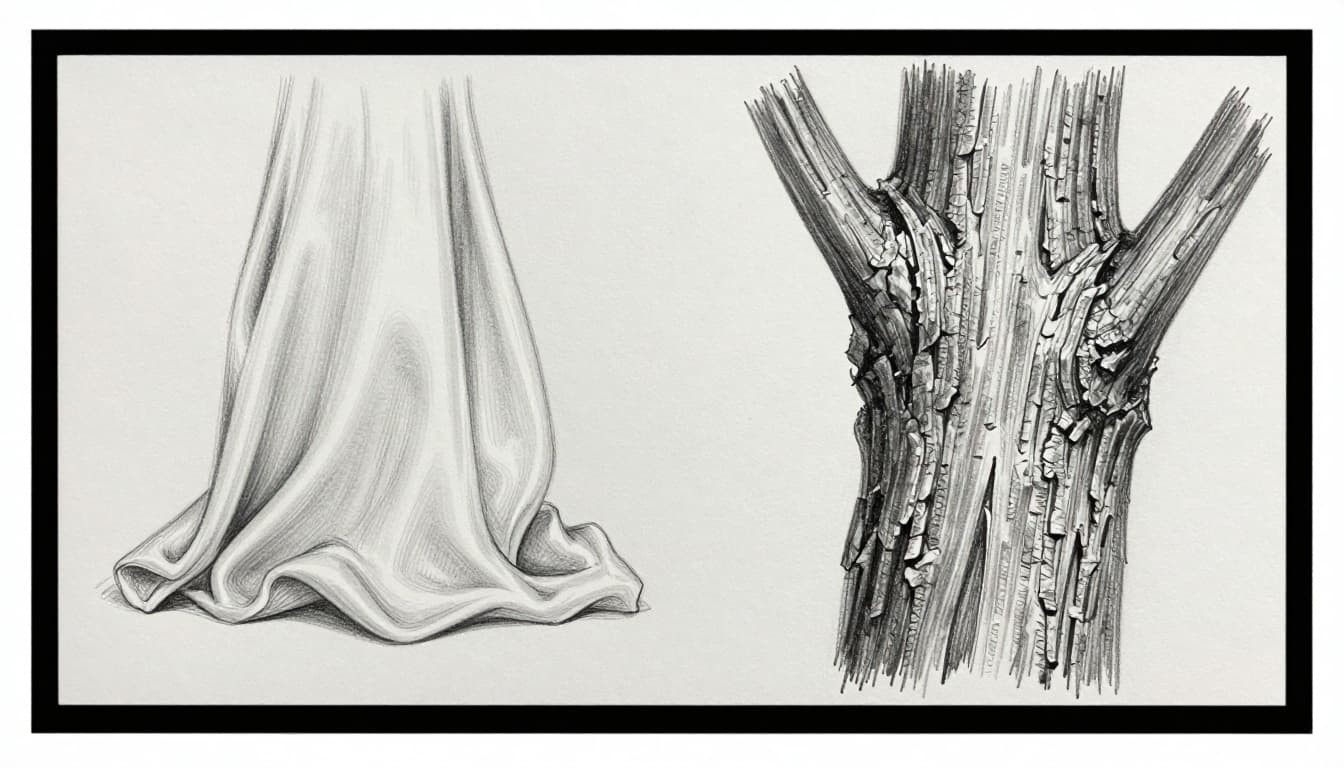 Hand-drawn graphite sketch on light gray paper comparing smooth silky fabric textures (left) with flowing thin lines and rough tree bark textures (right) with jagged varied lines, using light shading for depth in a centered composition.