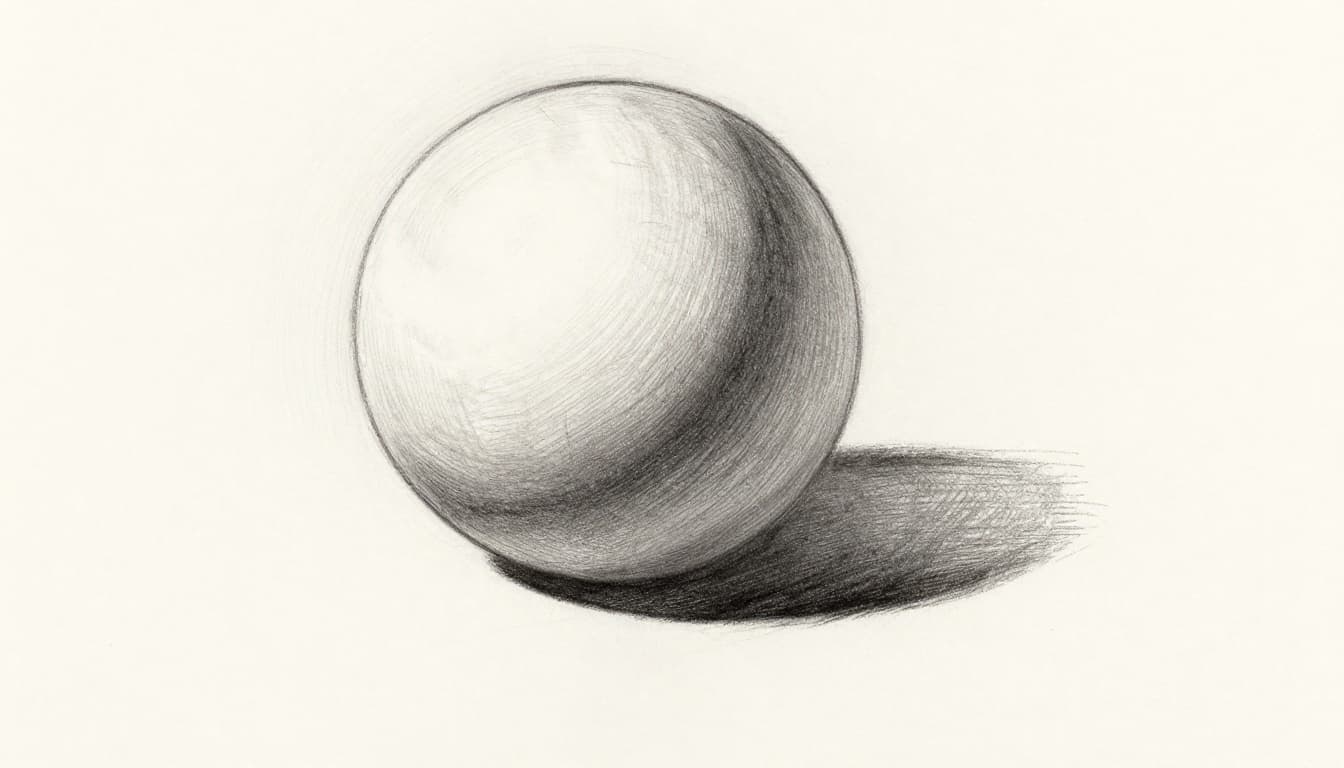 Hand-drawn graphite sketch of a sphere on a flat surface, lit from the upper left, featuring a bright highlight, smooth halftones, sharp core shadow, cast shadow to the right, and subtle occlusion shadow at the base.