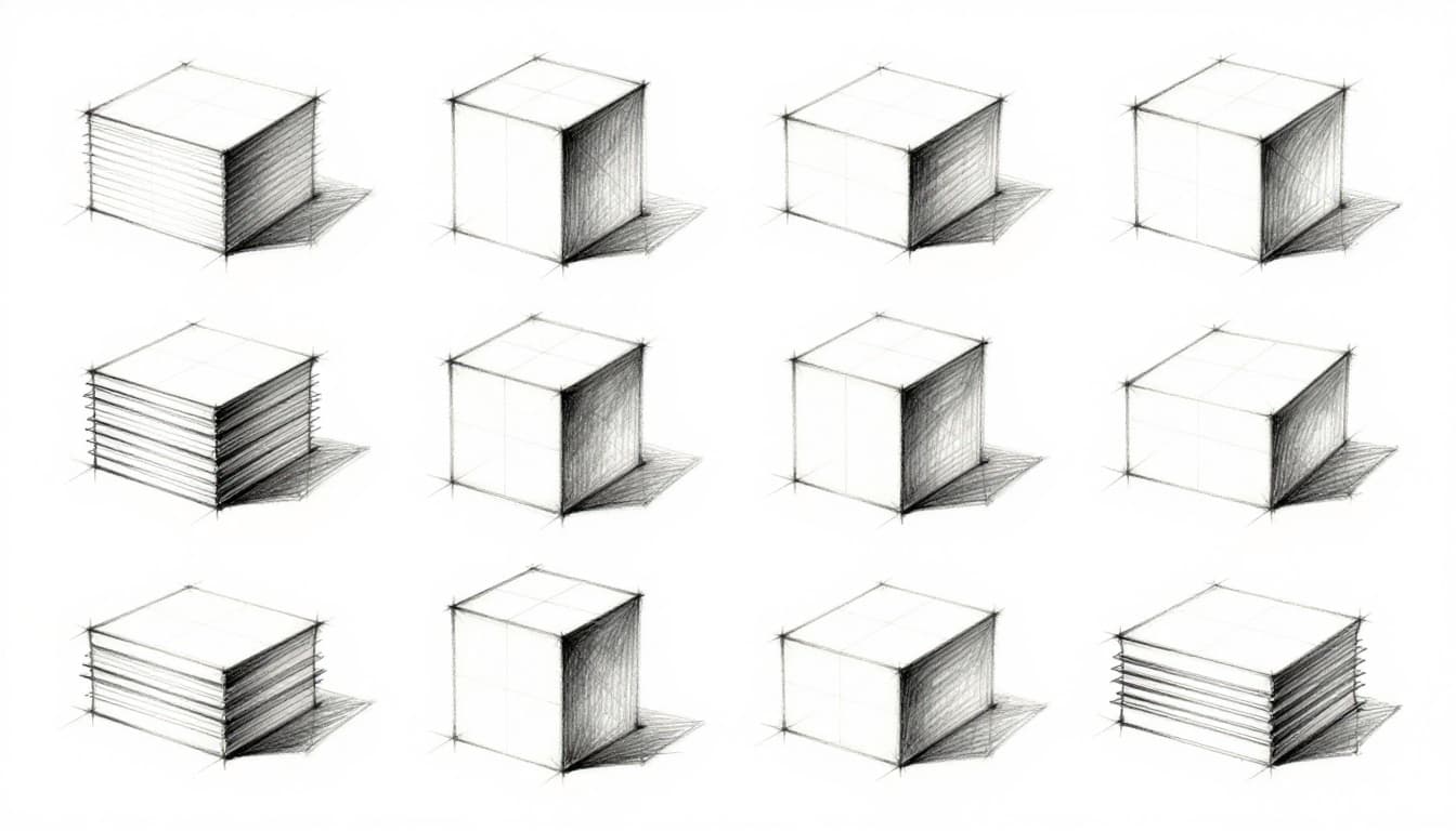 Hand-drawn sketches of stacked rectangles and squares at angles, forming boxes and cylinders with graphite linework and light shading on a clean white background; multiple examples in a cohesive sketch style.