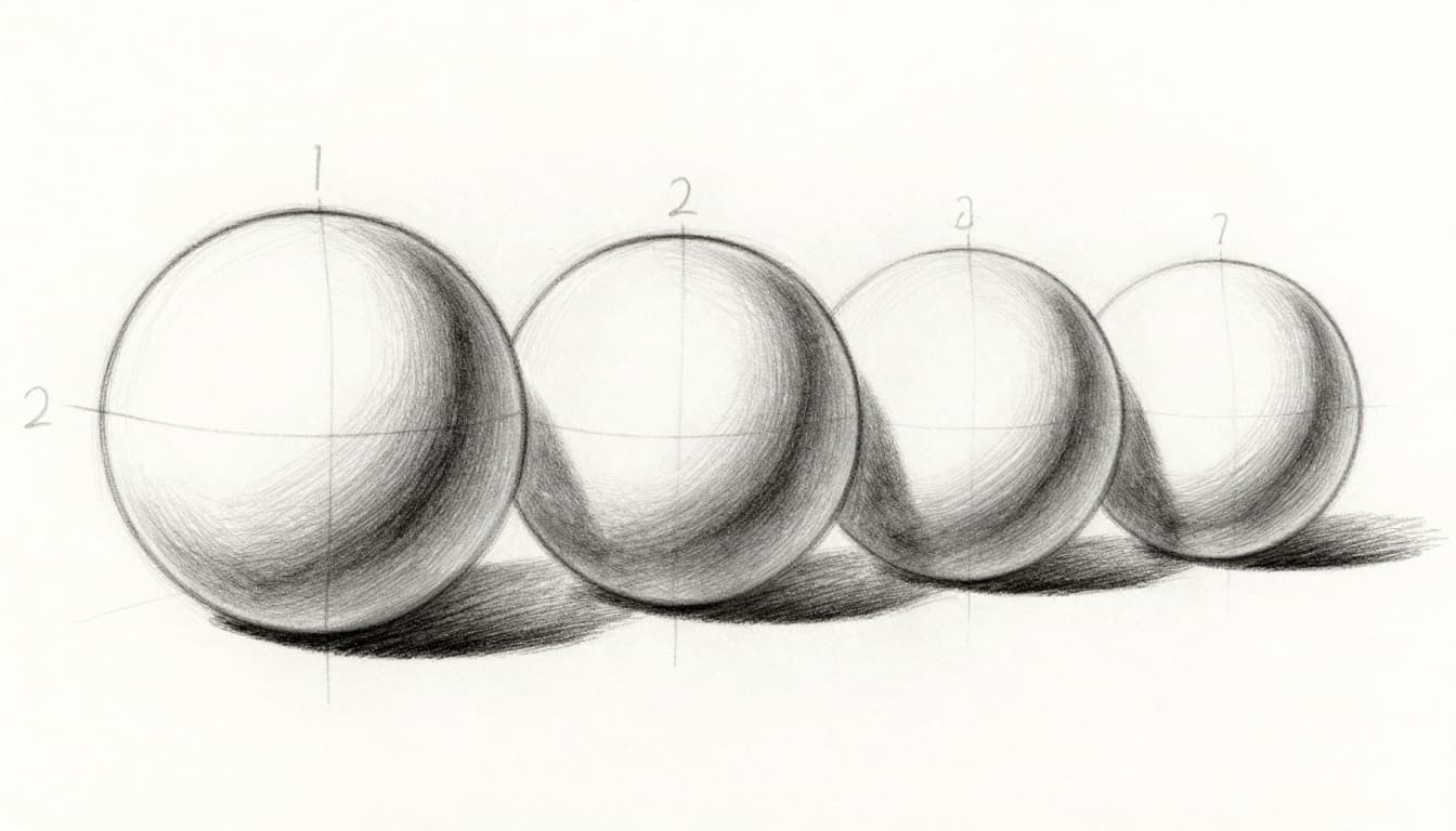Hand-drawn graphite sketch illustrating four progressive stages of shading a sphere: rough outline, highlight and core shadow, smooth blending, and added reflected light with cast shadow, arranged in a row on clean white paper.