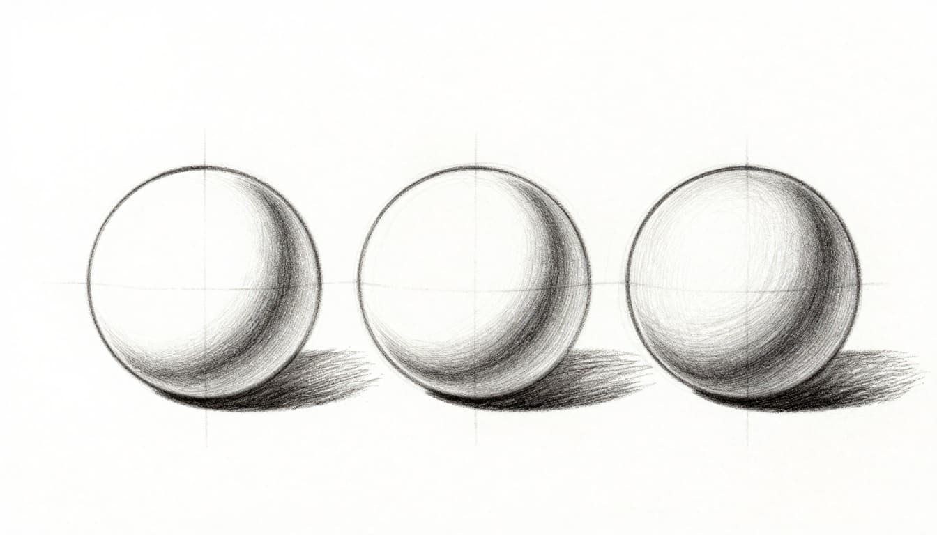Hand-drawn graphite sketch of three side-by-side spheres showing shading stages: light outline, mid-tones added, and full darks with blended highlights on white paper.