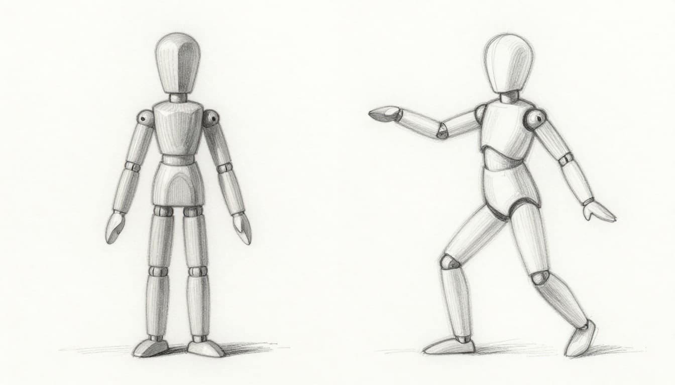 Side-by-side hand-drawn sketches contrasting a stiff wooden doll-like figure on the left with a fluid dynamic human pose on the right, using graphite linework and light shading on clean white paper.