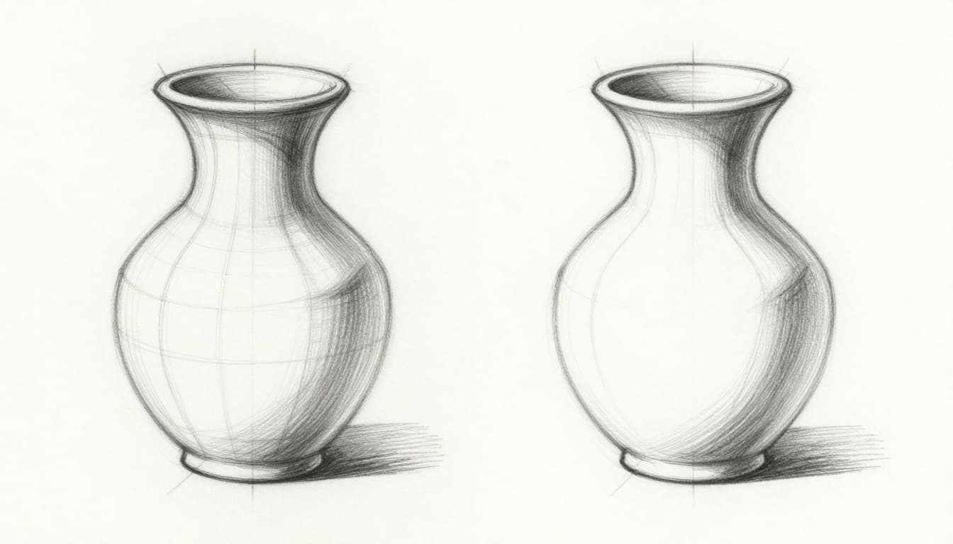 Side-by-side comparison of stiff mechanical lines (left) and fluid organic curves (right) forming the same vase on white paper with light graphite shading.