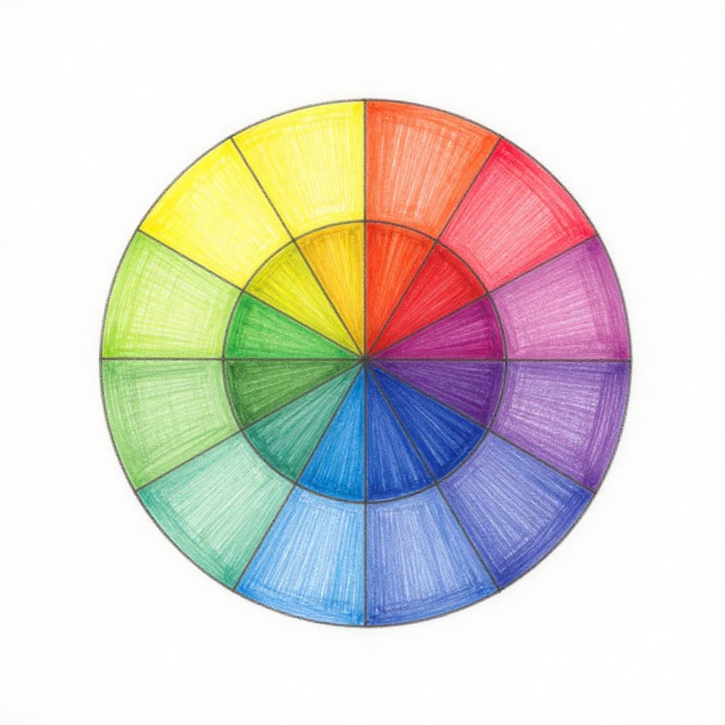 A simple traditional 12-section color wheel centered on white paper, hand-drawn in graphite pencil style with fine linework and light shading for depth. It displays primary colors (red, yellow, blue), secondary colors (orange, green, purple), and tertiary colors, on a clean white background with no text, labels, or extra objects.