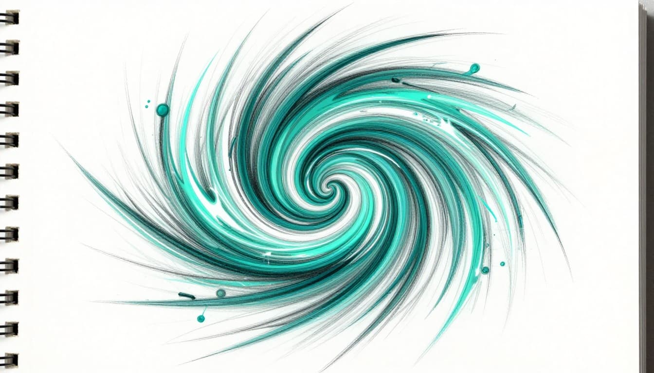 Modern abstract art sketch featuring a central bold Transformative Teal swirl with electric accents, dynamic curves, sharp lines, and subtle shading in hand-drawn graphite pencil style on white background.