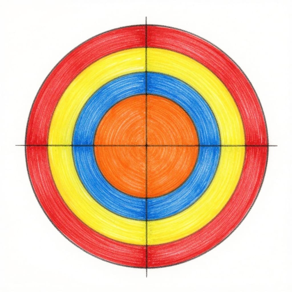 Hand-drawn graphite sketch of triadic color harmony with red, orange-yellow, and blue spaced evenly on a color wheel triangle, featuring vibrant balanced shading on white background.