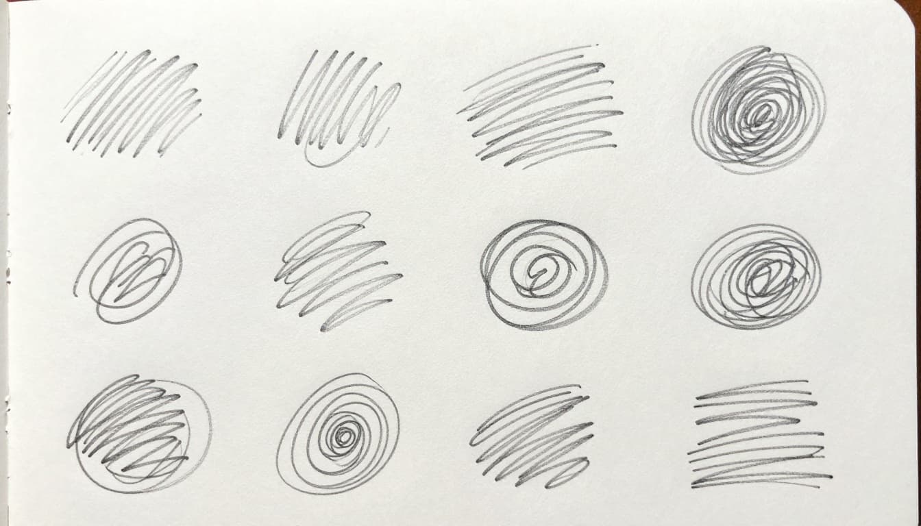 Close-up of a sketchbook page filled with diverse hand-drawn line strokes including straight lines, curly lines, hatching patterns, swirls, and simple shapes in varying thicknesses and spacings, with light graphite shading on clean white paper.
