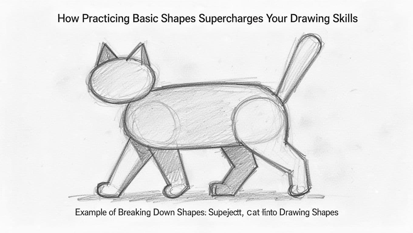Hand-drawn sketch of a walking cat broken down into basic geometric shapes like ovals for body and head, rectangles for legs, and triangles for ears and tail. Features light graphite outlines with minimal shading on a white background.