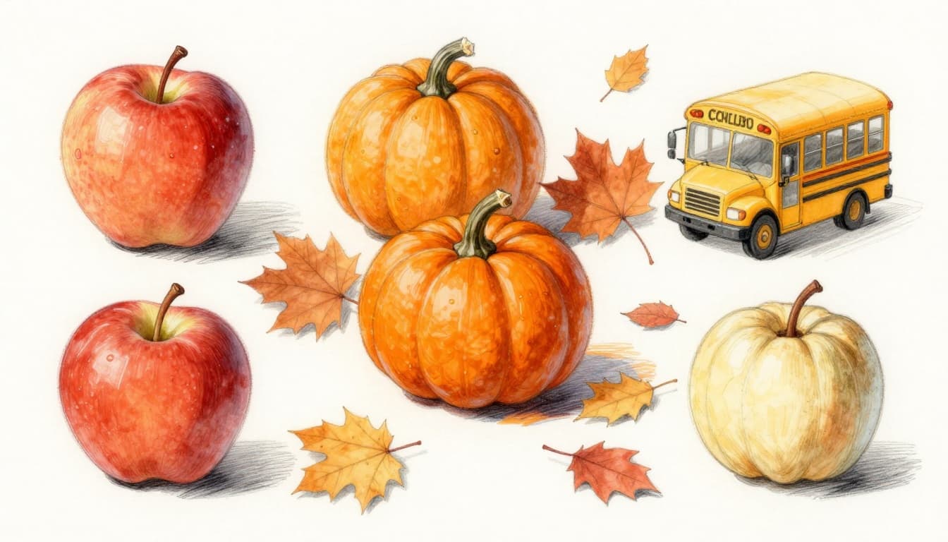 Graphite linework sketch with light shading on white paper, showing a red apple, orange pumpkin, and warm-toned fall leaves on a table to illustrate advancing warm colors.