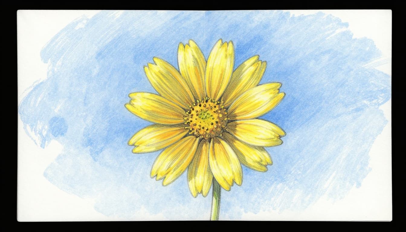 Hand-drawn graphite sketch on white paper with a warm yellow flower in the foreground against a cool blue gradient sky, using light shading to create depth and drama.