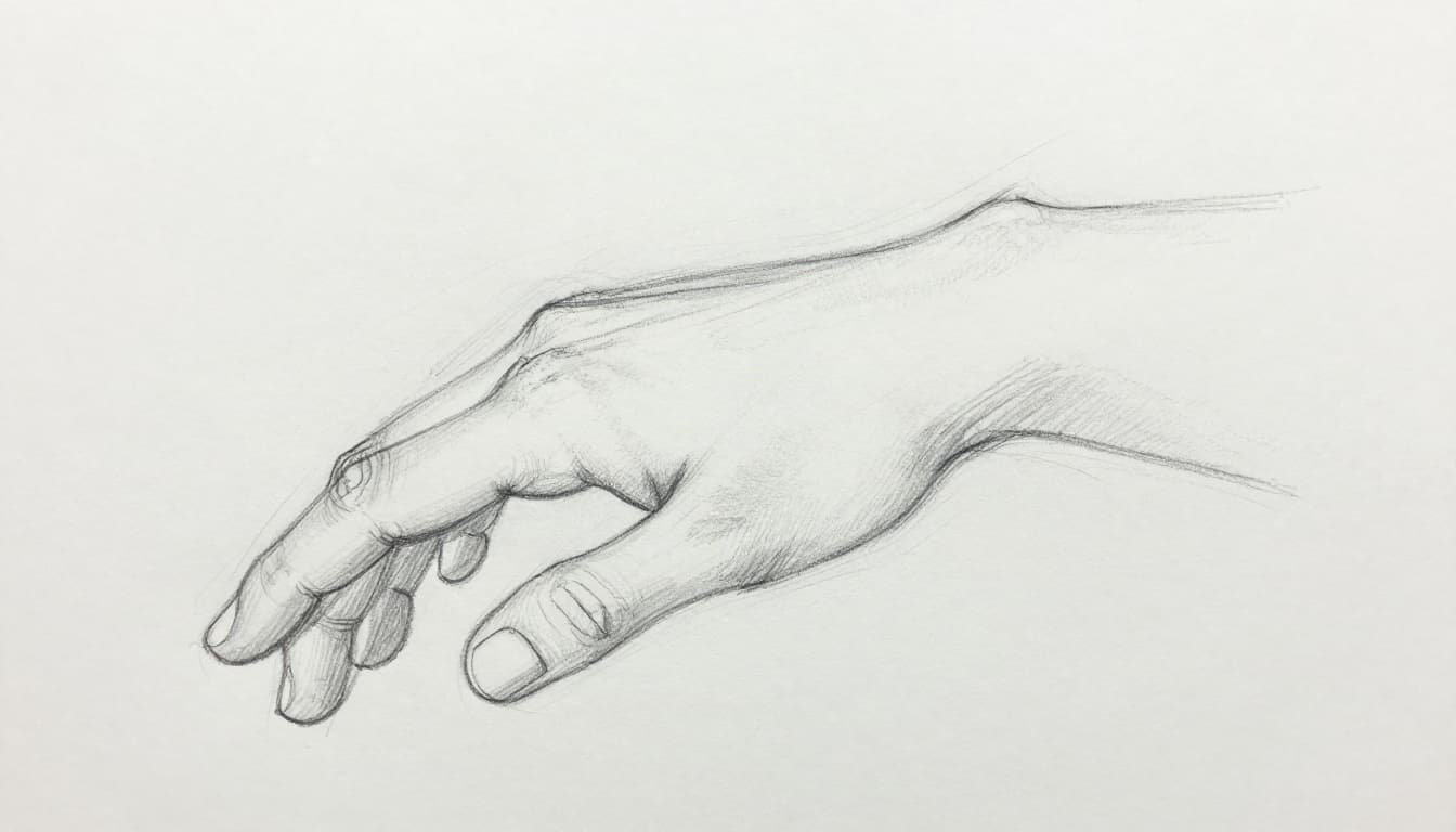 Wobbly blind contour line drawing of a single human hand in graphite pencil sketch style on white paper, showing distortions from not looking at the paper. Centered hand with simple linework, light shading, and clean white background.