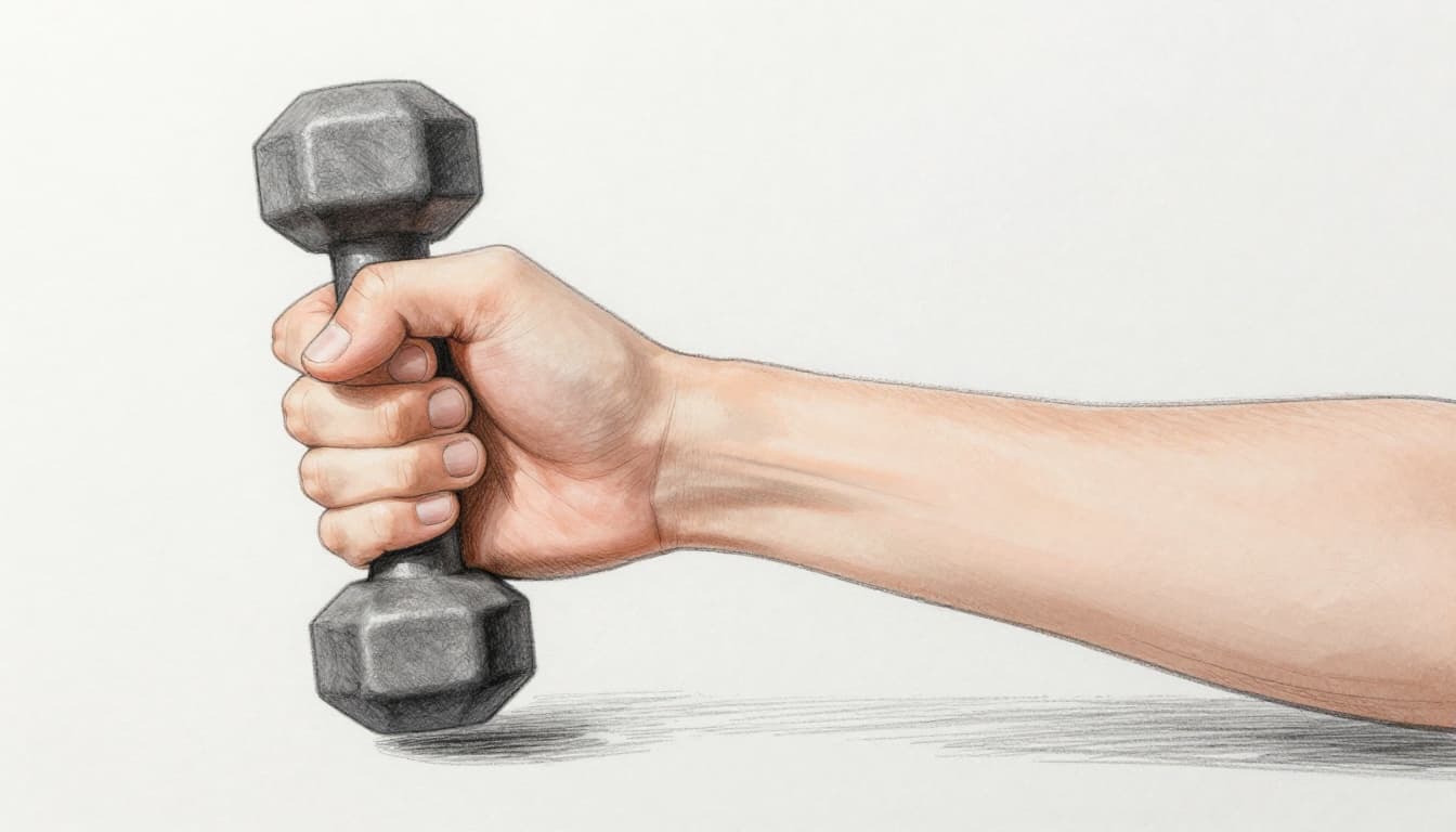 Side view hand-drawn sketch of a single hand performing wrist rotation exercise, circling clockwise and counterclockwise with a small dumbbell on a desk. Graphite linework with light shading on clean light gray paper background.